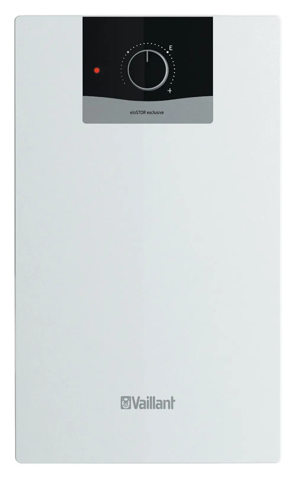 Vaillant Elektro-Speicher mit regulierbarem Temperaturknopf und Betriebsanzeige, in einem schlichten weißen Design, für die Montage unter der Arbeitsfläche.